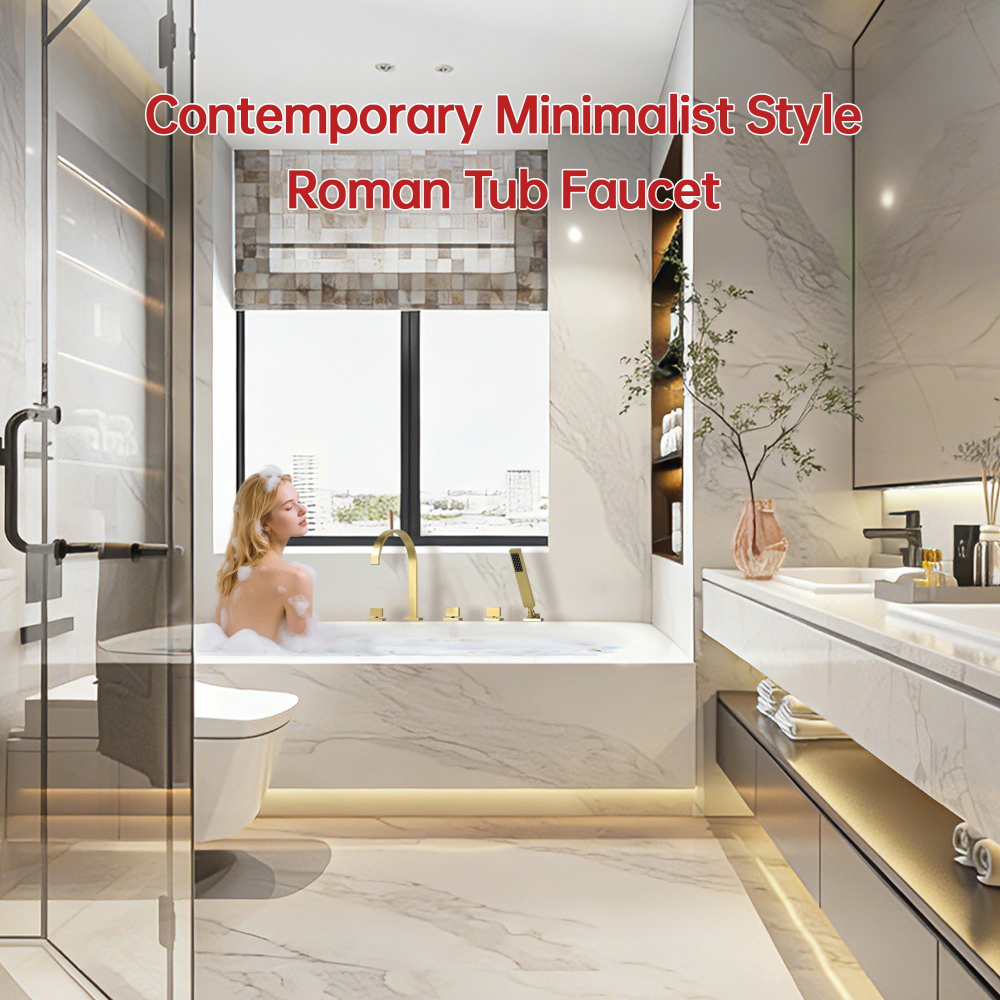 SUMERAIN Brushed Gold 5 Hole Roman Tub Faucet with Hand Shower, Deck Mount Waterfall Bathtub Faucet with Valve, High Flow