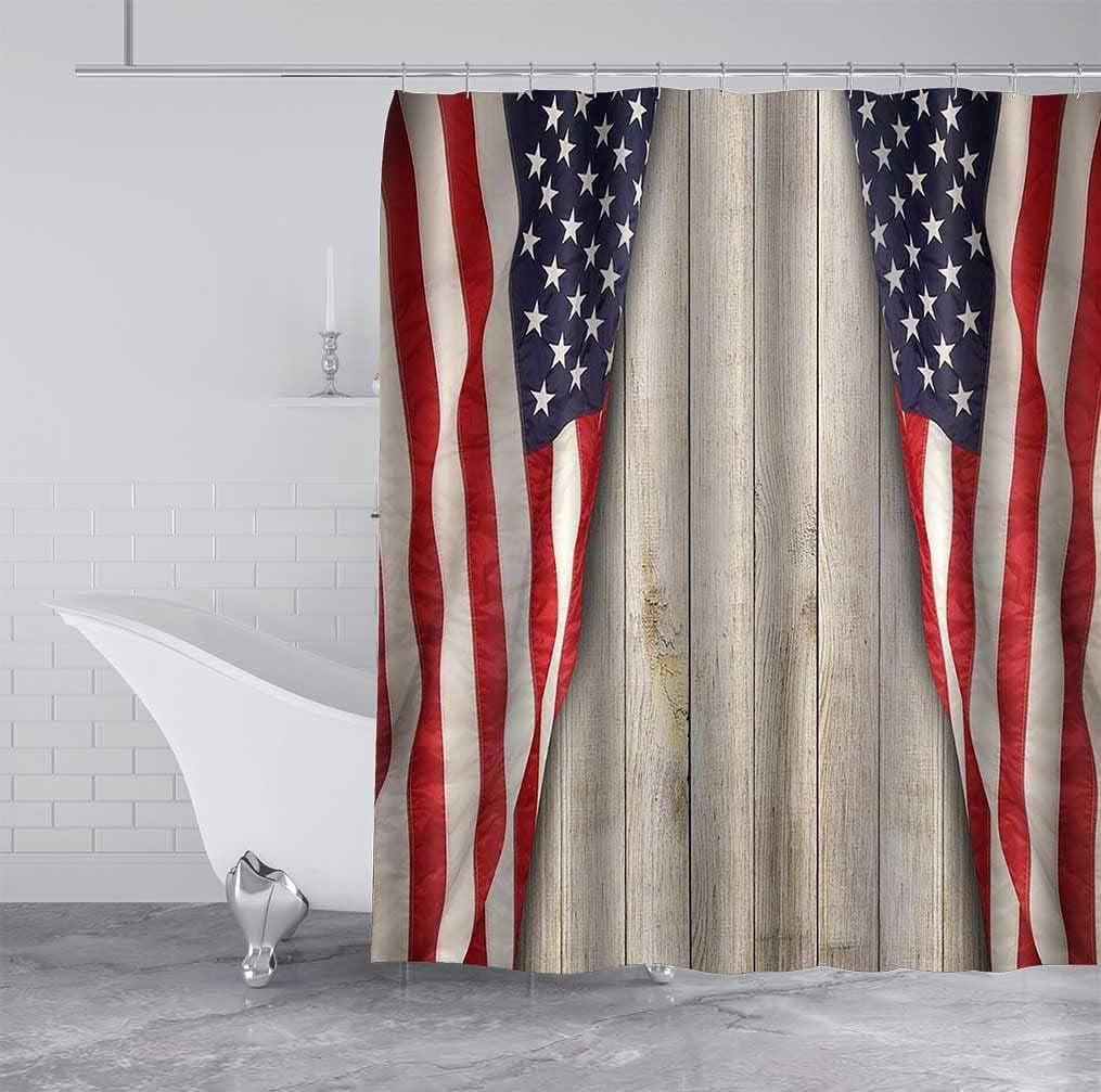 American Flag Shower Curtain, Patriotic Stars and Stripes Fourth of July Independence Day Country Wooden Board Rustic Farmhouse Bathroom Decor, Waterproof Fabric Shower Curtain, 72 X 72 Inch