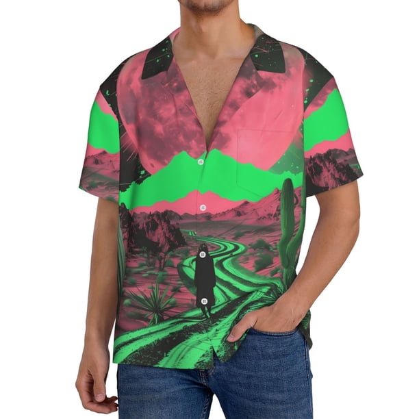 Balery Neon Desert Moon Camisa Casual de Manga Corta con Botones para Hombre, Texturizada, Estilo Cubano, para Playa, Verano-Large