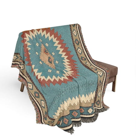 Teal Rust and Cream Southwestern Geometric Woven Blanket 100% Cotton Rustic Home Decor