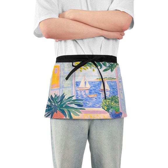 Yayeee Waist Apron with Pockets for Cooking Waterproof Half Server Aprons, Seaside Boat