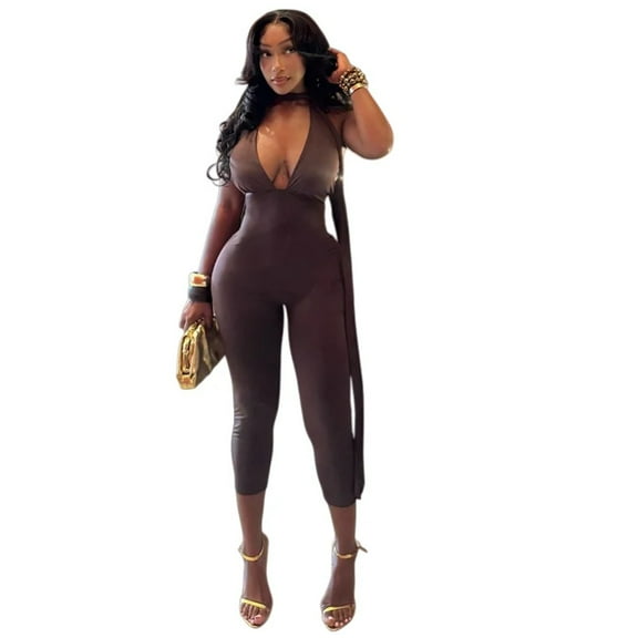 Women's Lace-Up Bandage Halter Deep V-Neck Sleeveless Backless Jumpsuits, Solid Color