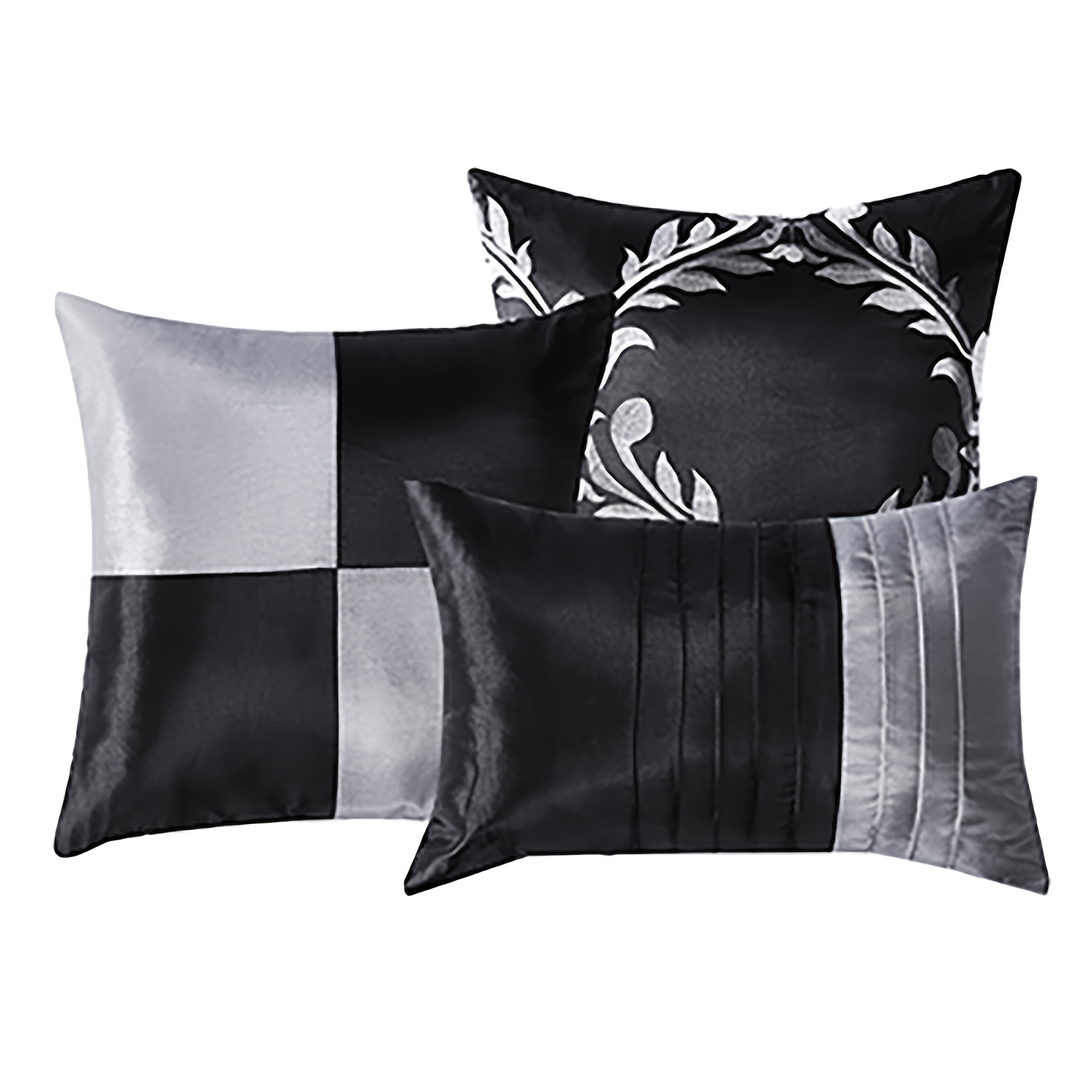 7-Piece Black and Silver Embroidered Comforter Set, Faux Silk Bedding with Decorative Pillows and Bedskirt, King