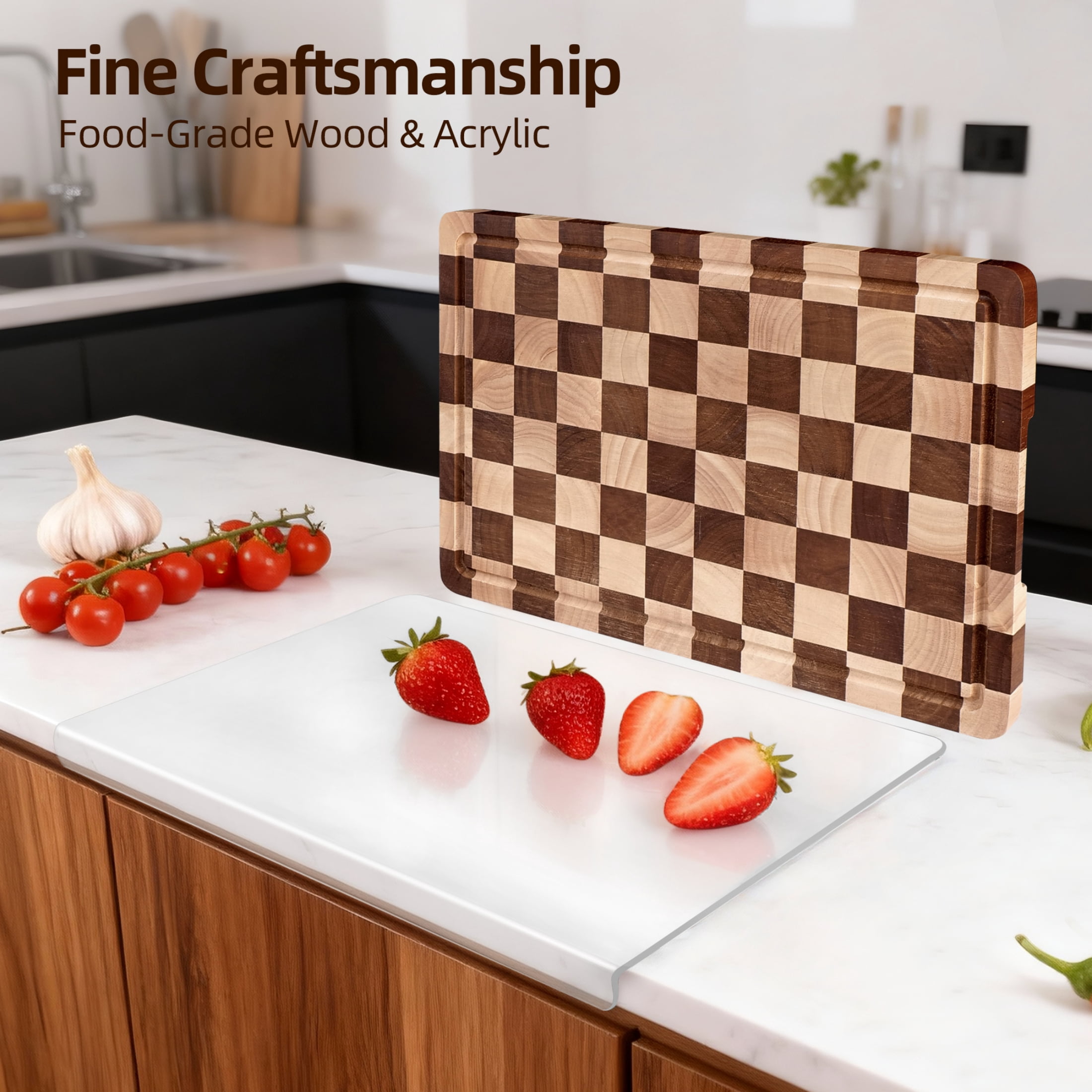 TJ POP Cutting Board Set of 2 – Checkered Wood & Acrylic Cutting Board with Counter Lip for Kitchen Counter, Wood Checkerboard Chopping Board with Juice Grooves for Vegetables, Fruits, Meat