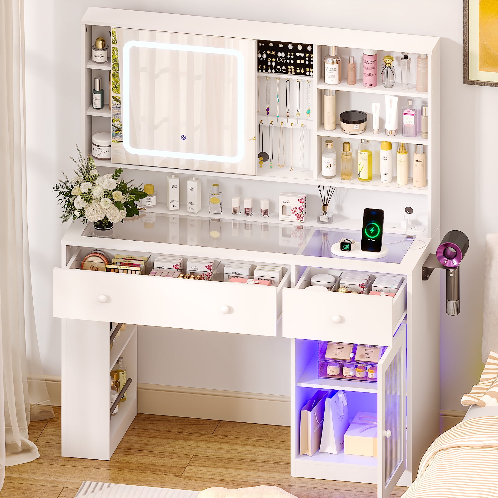 ドレッサー・鏡台 KARE Dressing Table Vanity 102x47cm Ktaxon Lighted Vanity Desk, White Dressing Table with Sliding