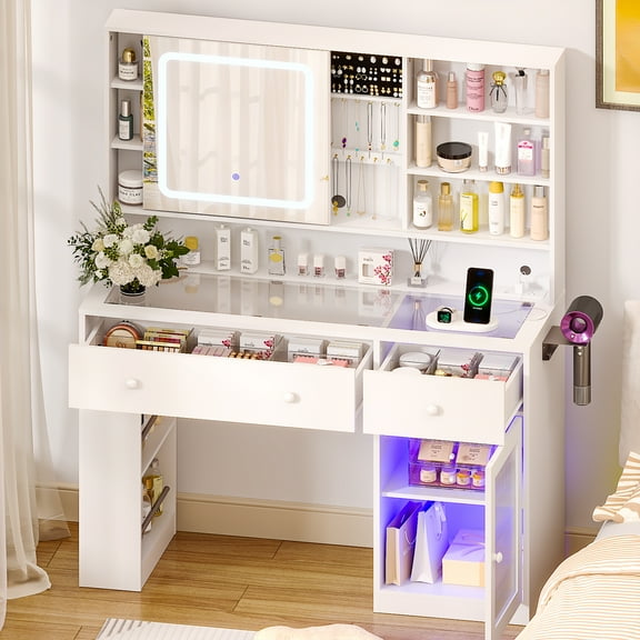 Ktaxon Makeup Vanity with Lighted Mirror, Vanity Table Set w/ Charging Station, Side Rack, White