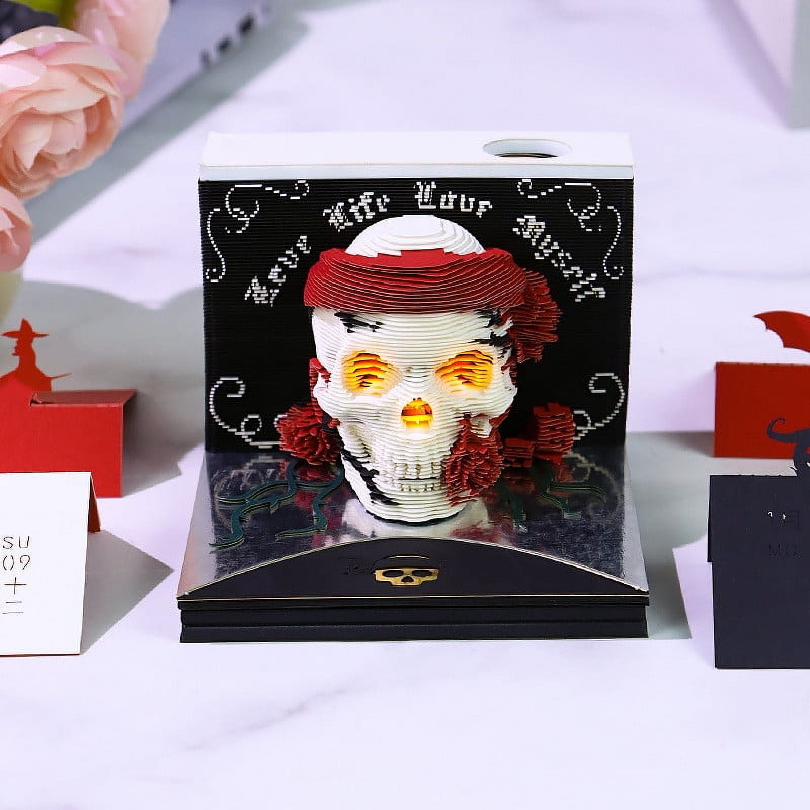 YIKA Halloween Ornaments Time Piece Calendar 2026 Desk Calendar Skeleton Calendar Paper Carving Art Memo Pad Notepad Gift For Christmas Housewarming Desktop Decoration