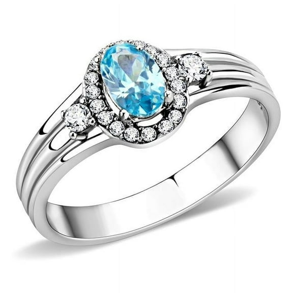 Alamode DA166-8 Women High Polished Stainless Steel Ring with AAA Grade CZ in Sea Blue - Size 8