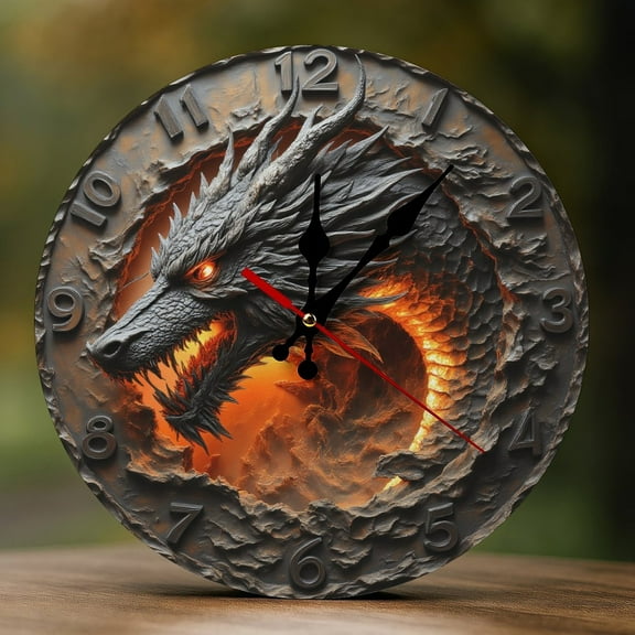 Wall Clock Decorative - Dark Dragon Print 2D Vintage Wall Clocks Battery Operated Silent Non-Ticking for Bedroom, Living Room, Kitchen, Office, Classroom, 10 Inch