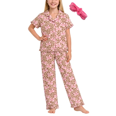 dELiA*s Girls Pajama Set Soft Cozy Button Down Sleepwear Pajamas for Girls with Spa Headband 2 Piece