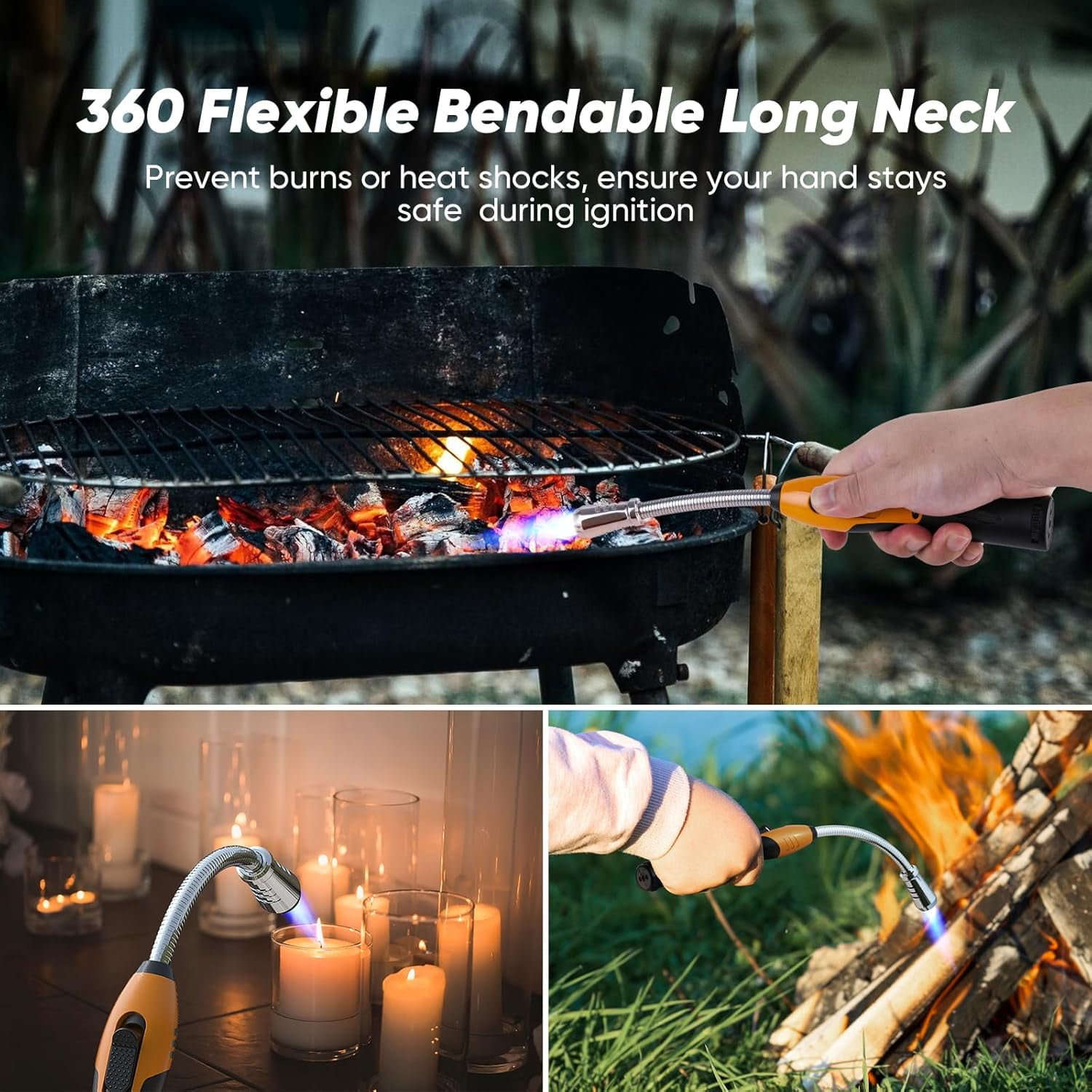 Butane Lighter Torch Long Refillable Windproof with Visual Fuel Window Flexible Extra for Fireplace Candles (No Included) (Orange 1 Pack)