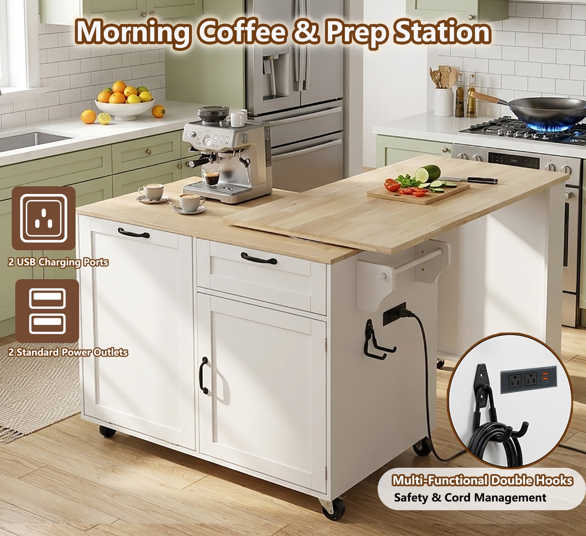 Rolling Kitchen Island with 360° Rotating Extendable Dining Table, 72" Large Island Table with Power Outlet & 7-Tier Spice Racks & Trash Can Storage, Cord Management Hooks