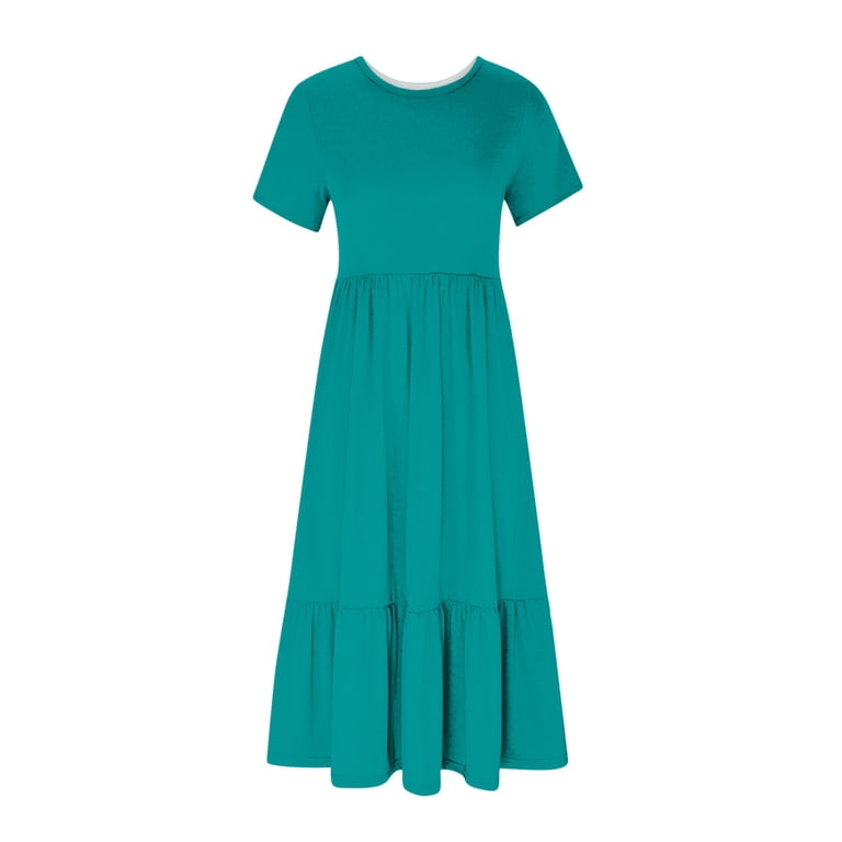 Dezsed Summer Dress for Women 2024 Flounce Round Neck Loose Dress Casual  Short Sleeve Long Dress with Pockets Mint Green L - Walmart.com