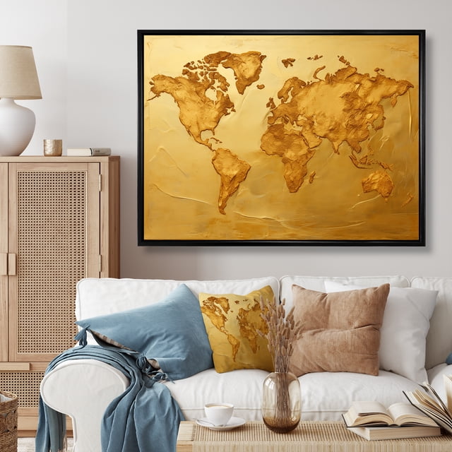 Designart World Map framed wall Art, Geographical Gold On The World Map , world map Large framed wall art decor, Gold black framed wall art, 40x30 inches black frame
