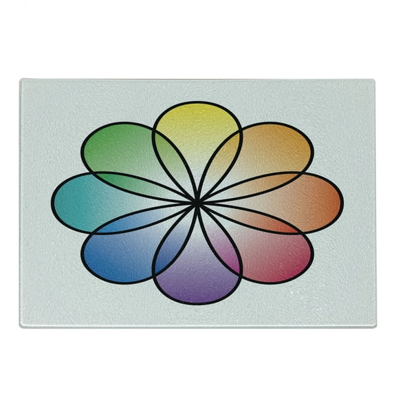 Rainbow Cutting Board, Flower of Life Design with Colorful Petals Eastern Chinese Feng Shui Themed Design, Decorative Tempered Glass Cutting and Serving Board, Small Size, Multicolor, by Ambesonne