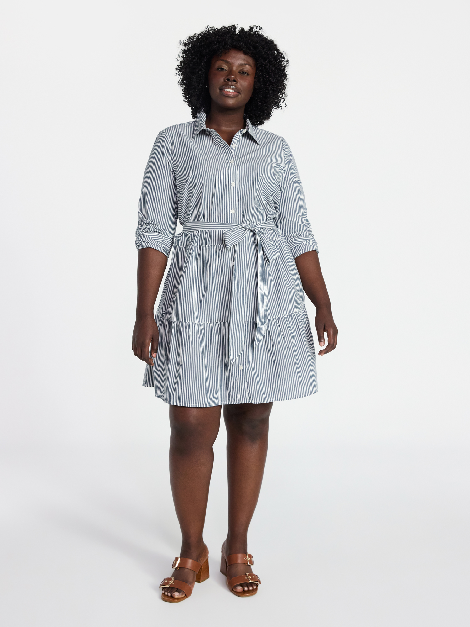 Terra & Sky Women's Plus Size Tiered Shirt Dress with Long Sleeves, Sizes 0X-5X