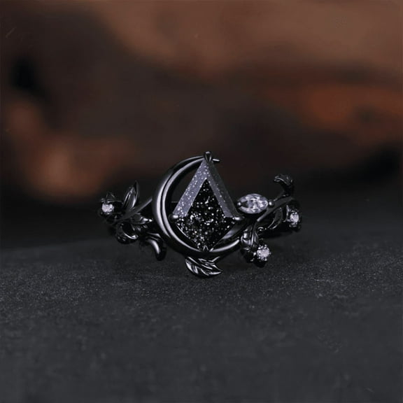 Gothic Kite Cut Blue Sandstone Engagement Ring- Crescent Moon Ring Galaxy Sandstone Wedding Ring Set in 14K Black Gold Vermeil