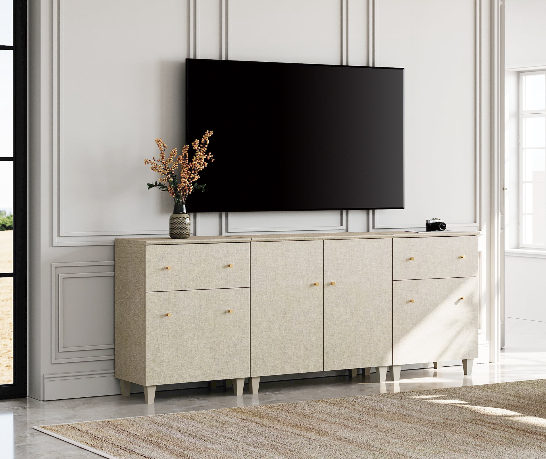 WAMPAT TV Stand for 85+ Inches TVs, 3-in-1 Modern Wooden Media Console with 2 Spacious Drawers and 3 Storage Cabinets for Living Room, Beige