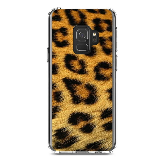 DistinctInk Clear Shockproof Hybrid Case for Samsung Galaxy S9 (5.8" Screen) - TPU Bumper, Acrylic Back, Tempered Glass Screen Protector - Brown Black Leopard Fur Skin Print