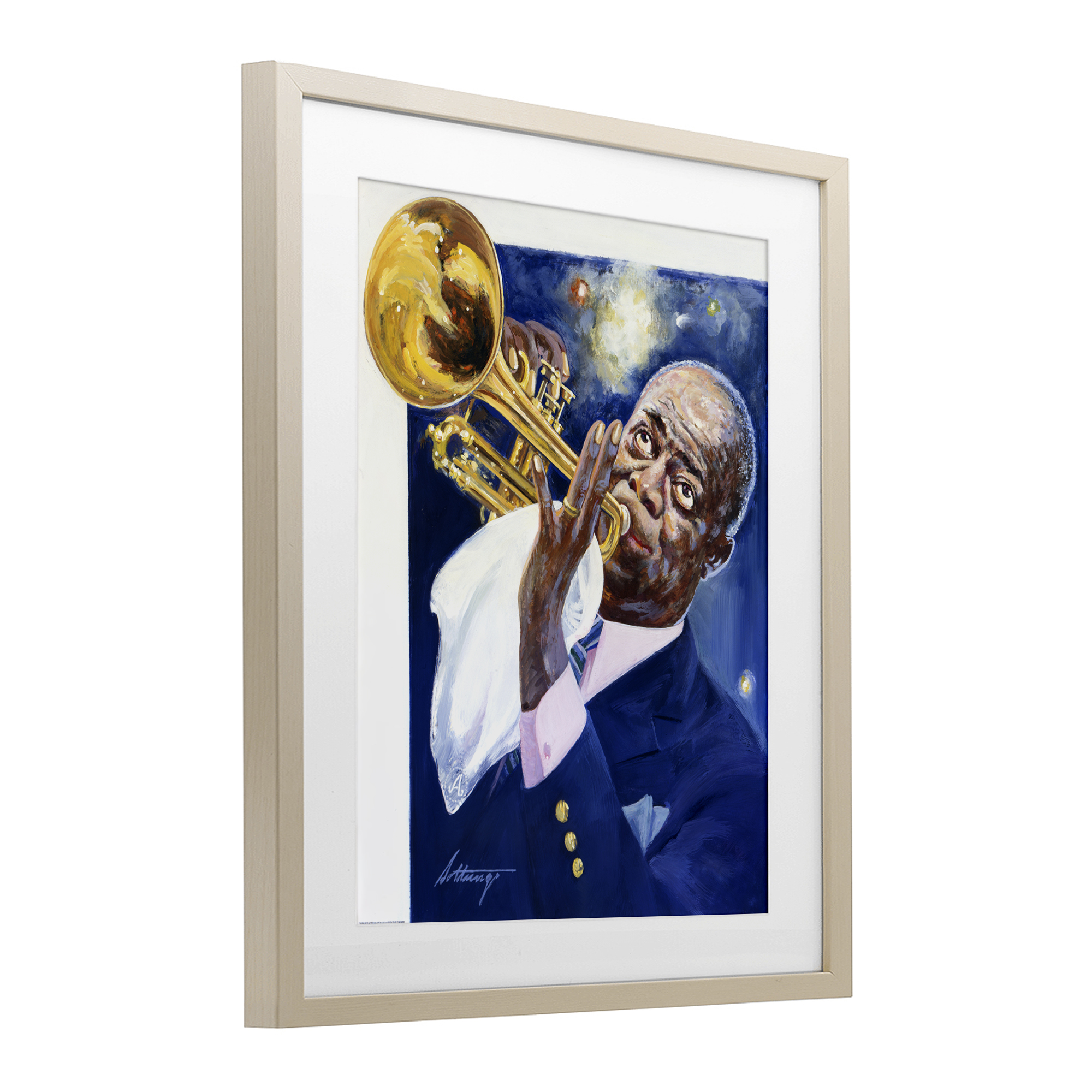 Louis Armstrong Portrait Birch Framed Print Under Glass, design by Wind River Studios