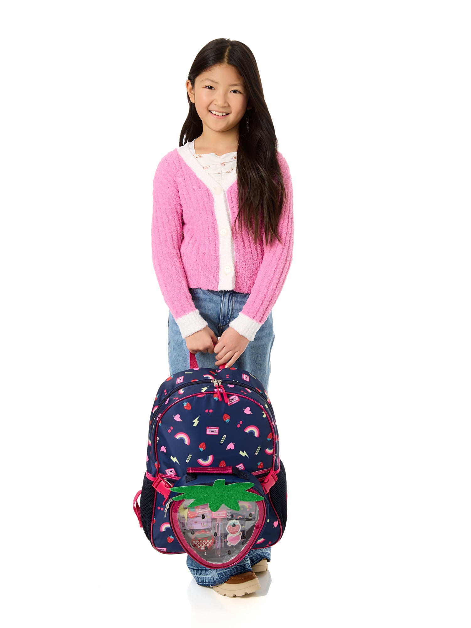 Schoolyard Vibes 17" Girls' Strawberry Kids Backpack with Stationary Set, Navy