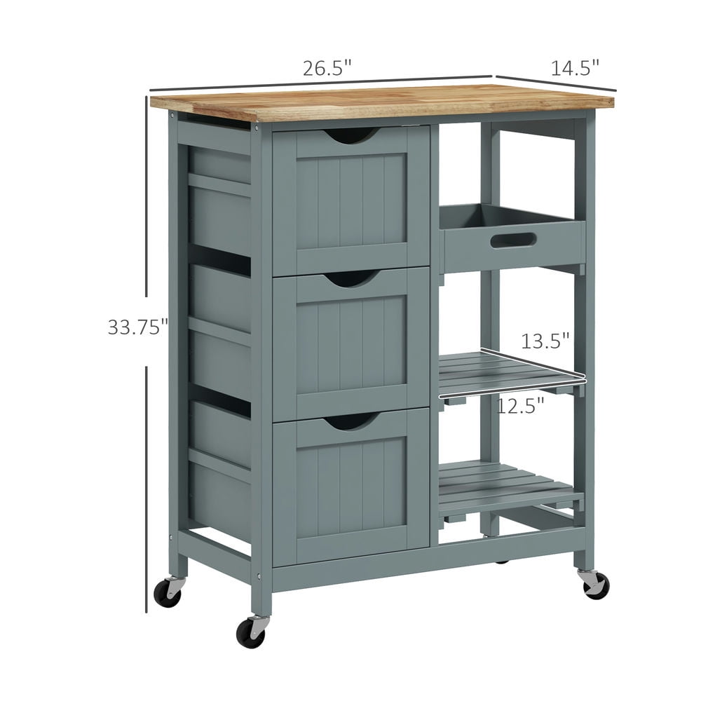 Demi Bonn 33.7" Mobile Kitchen Island Cart with Wood Top Breakfast Bar, Compact Trolley on Wheels with Shelves, Drawers, Gray