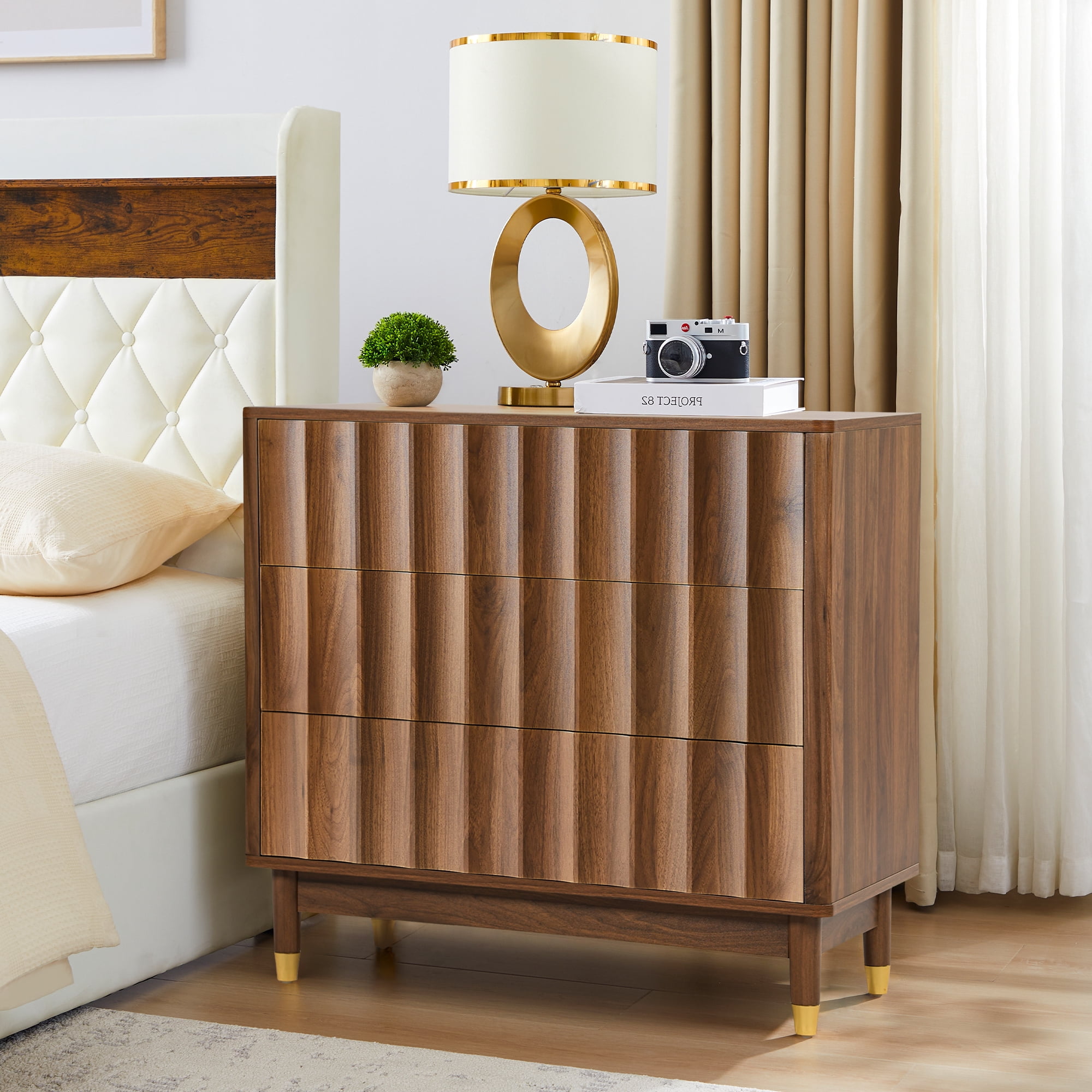 LEFHDA 31.5" Dresser Fluted 3 Drawer Dresser, Small Modern Chest of Drawers, Wood Storage Dressers Organizer Storage Cabinet for Bedroom Living Room Hallway Entryway