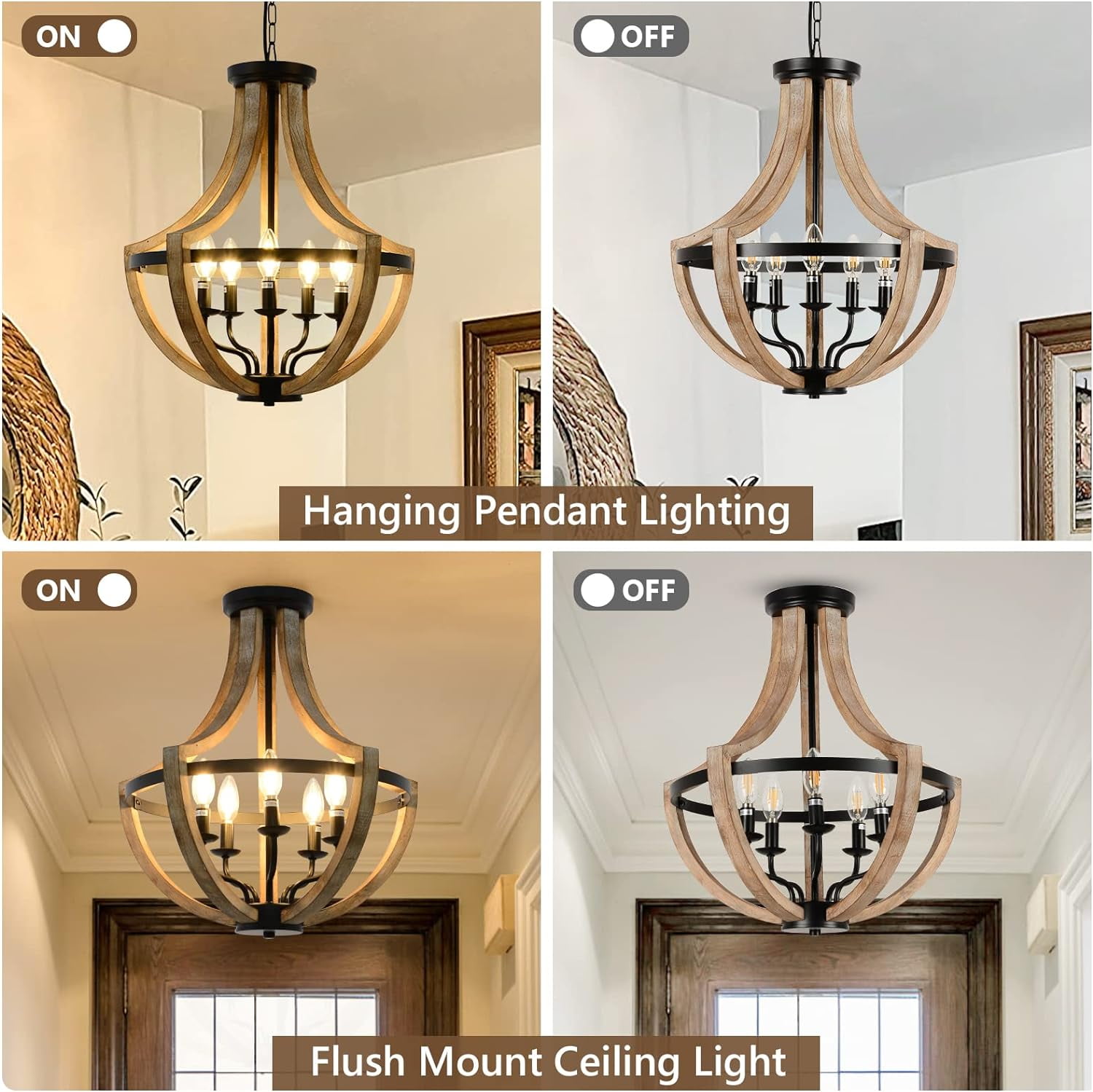 BINUFF Elegant Retro 19" Brown Solid Wood Ceiling Pendant Light Fixture Dimmable