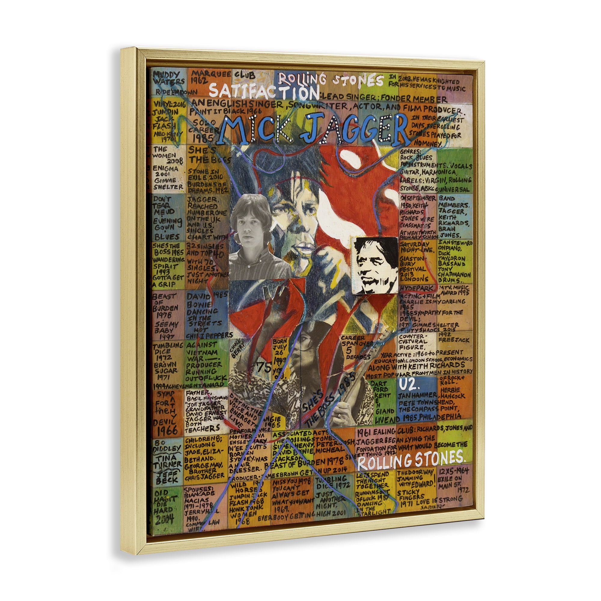 Stupell Industries Mick Jagger Collage People Drawing Gold Floater Framed Canvas Art Print Wall Art, 25 x 31