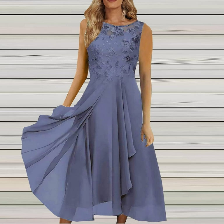 FAOWME Women's Dresses Vacation Beach Party Chiffon Split Round Neck Lace  Hollowed Out Long Dress Bridesmaid Evening Gown