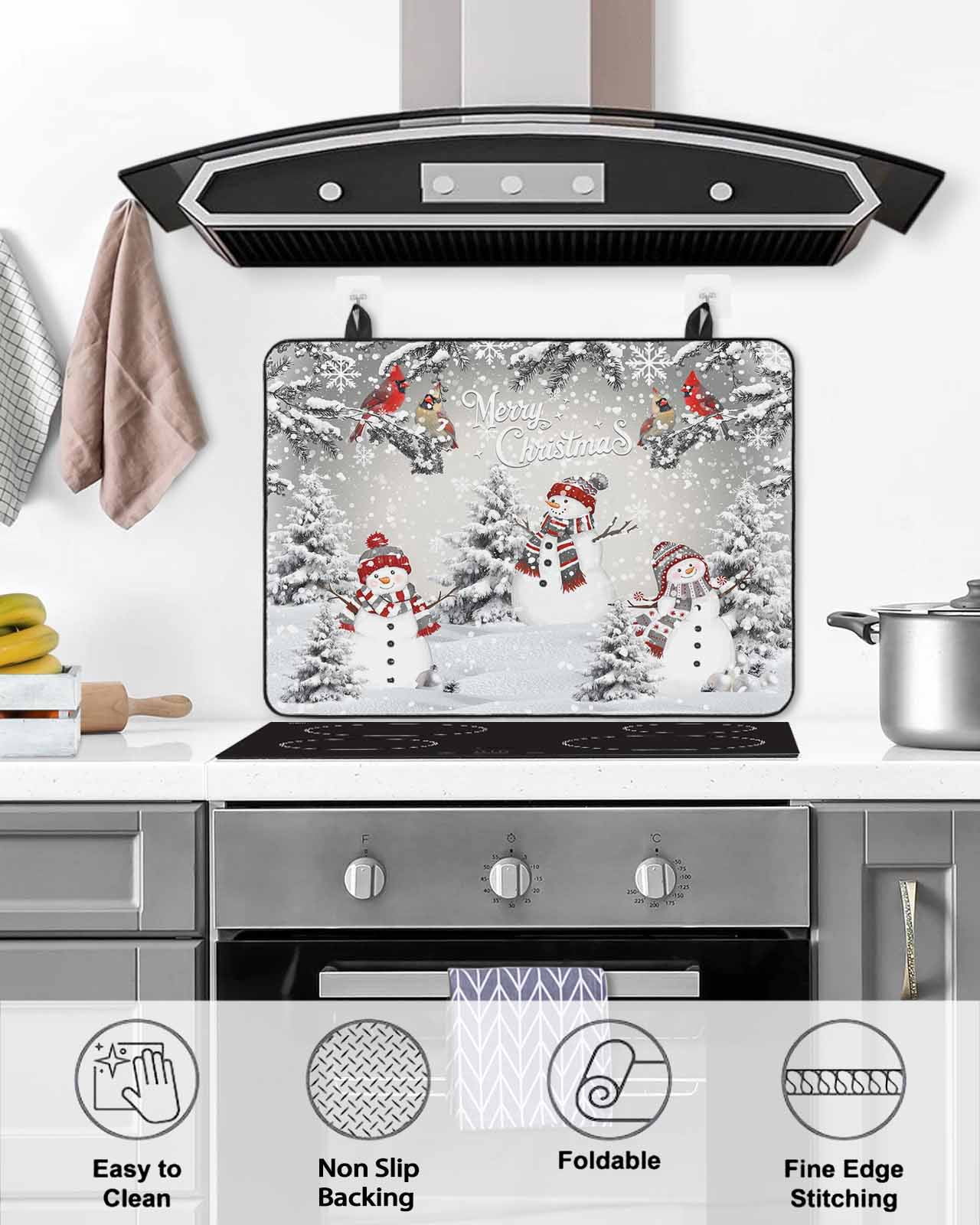 Large Induction Cooktop Protector Mat Grey Merry Christmas Stove Top Covers for Electric Stove, Snowman Xmas Tree Snowflake Winter Birds Decorative Stove Burner Cover Mats, Glass Top Stove Cover