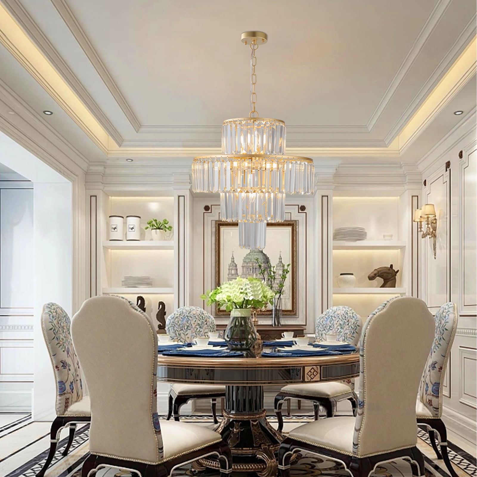 Gold Crystal Chandelier, 12-Light 4 Tiers 19.7" Crystal Light, Adjustable Hanging Metal Ceiling Lighting Fixture, Modern Foyer Dining Room Chandeliers for Bedroom,Hallway,Kitchen
