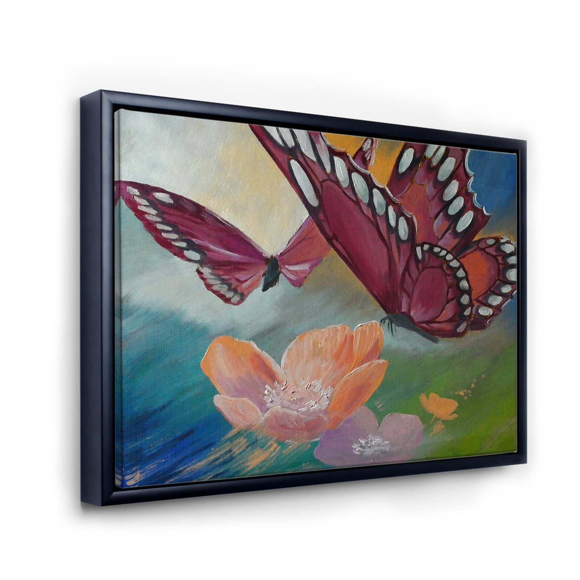 Designart 'Butterflies On Pink Flowers' Traditional Framed Canvas Wall Art Print