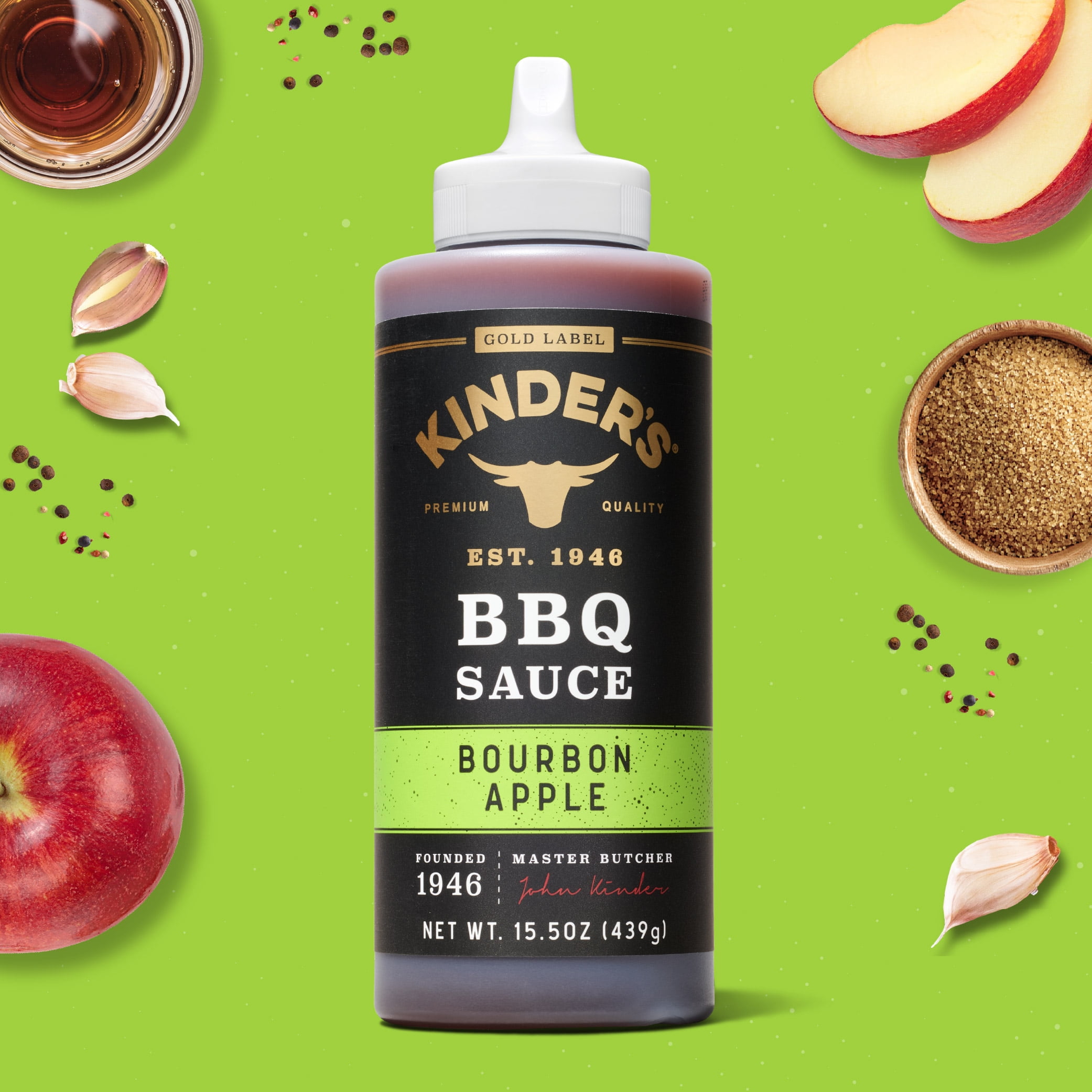 (6 pack) Kinder's Gold Label Bourbon Apple BBQ Sauce, 15.5 oz Squeeze Bottle