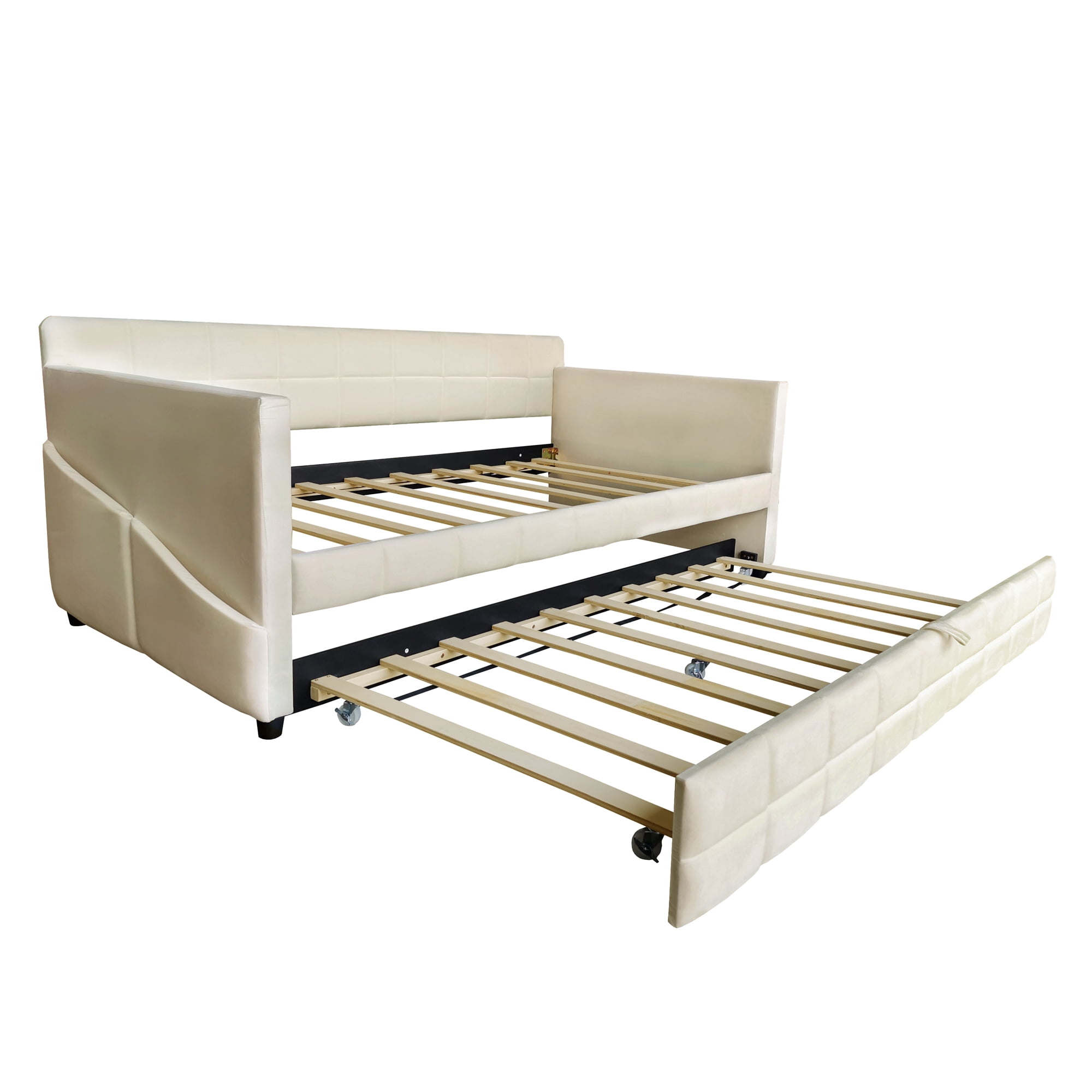 Aukfa Modern Twin Daybed with Trundle, Velvet Upholstered Bed Frame with Storage Pockets, Space-Saving Sofa Bed for Living Room, Bedroom, Beige