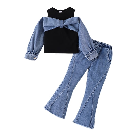 Hifoo Child Outfit Sets Summer Girls Two Piece Outfit Bow Detail Off Shoulder Tops With Flared Denim Pants Casual Toddler Little Kid Play Stylish Clothes Sets
