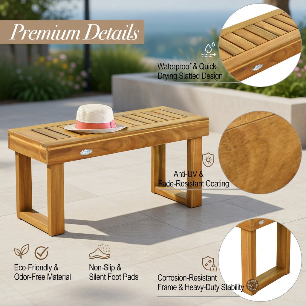 Hommoo 52" Solid Acacia Wood Outdoor Dining Bench, Teak-Colored Slatted Patio Bench for Backyard, Poolside & Indoor Use, Natural