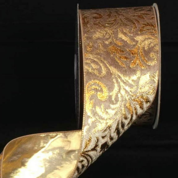 The Ribbon People Beige and Gold Scroll Lame Back Wired Craft Ribbon 4" x 20 Yards