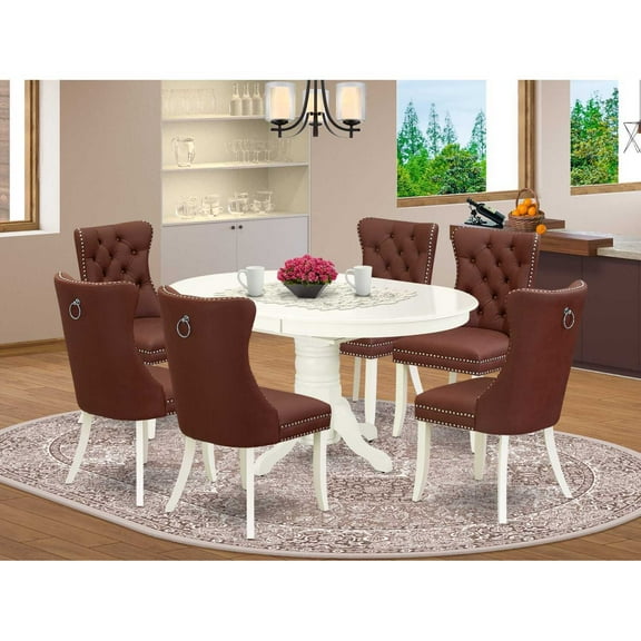 HomeStock 7 Piece Dining Table Set Includes An Oval Kitchen Table With Southwestern Style Leaf And 6 Chairs, Linen White