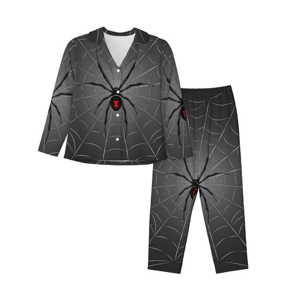 Balery Black Spider On Web Conjunto de Pijama con Estampado para Mujer, Conjunto de Dos Piezas con Manga Larga, Ropa de Dormir Suave con Bolsillos, Pijamas Cómodos-Medium