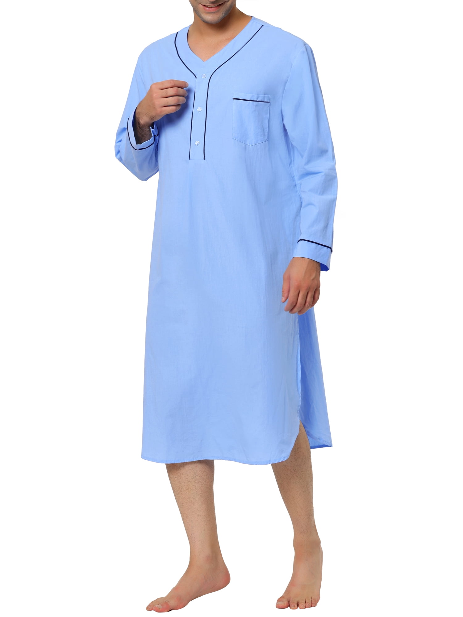 Unique Bargains Men's Nightshirt Cotton Sleep Shirt Long Sleeve Nightgown Sleepwear M Blue