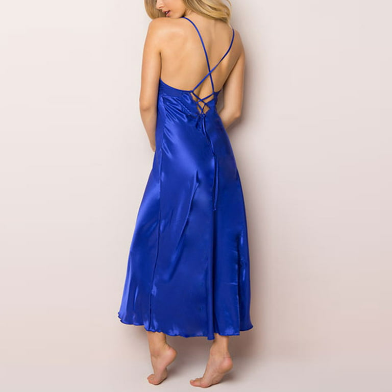 fartey Sleep Dress for Women Sexy V Neck Spaghetti Strap Lace Maxi Lingerie  Nightwear Loose Full Slip Long Tank Dresses
