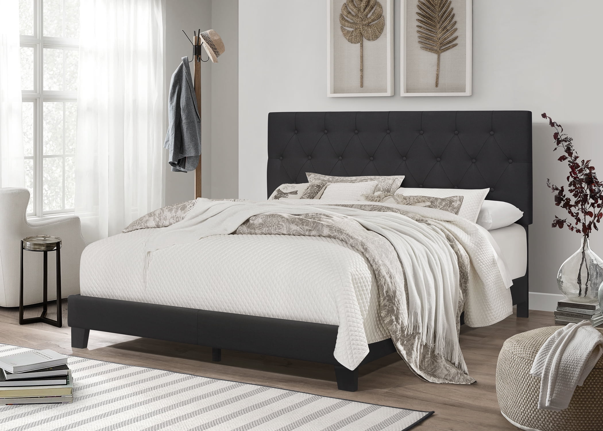Home Design Dillon Full Tufted Upholstered Panel Bed Frame with Button Tufting and Foam-Filled Headboard, Black, Easy Assembly