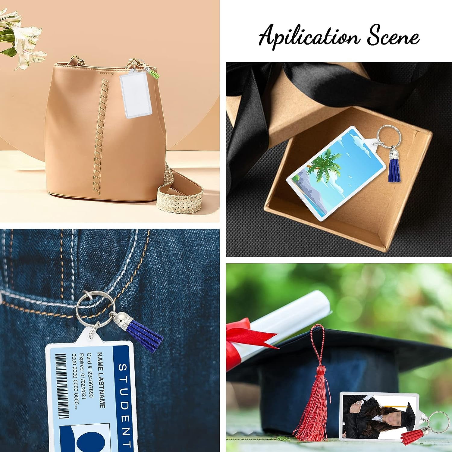 16Pcs Rectangle Acrylic Photo Frame Keychain with Iron Key Ring with 16Pcs 8 Colors Suede Tassels Mixed Color 3.8~12.2x1cm