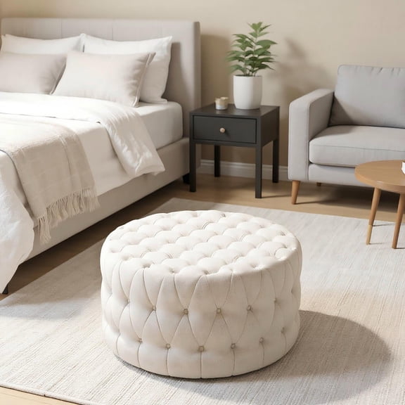 Resenkos Round Ottoman Coffee Table - Velvet-feel Upholstery, Button Tufted, Padded Seat, Beige