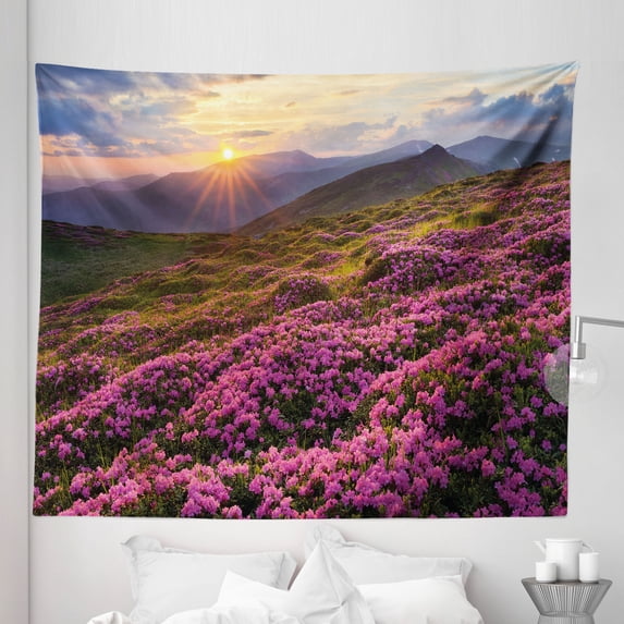 Nature Tapestry, Flower Meadow on Mountain Valley with Horizon Sky Surreal Mother Earth Beauty Image, Fabric Wall Hanging Decor for Bedroom Living Room Dorm, 5 Sizes, Multicolor, by Ambesonne