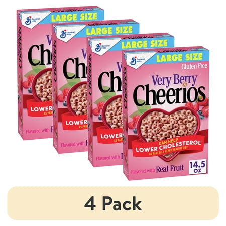 (4 pack) Cheerios Verry Berry Crunchy Cereal, Large Size, 14.5 oz, Shelf Stable, Cardboard Box