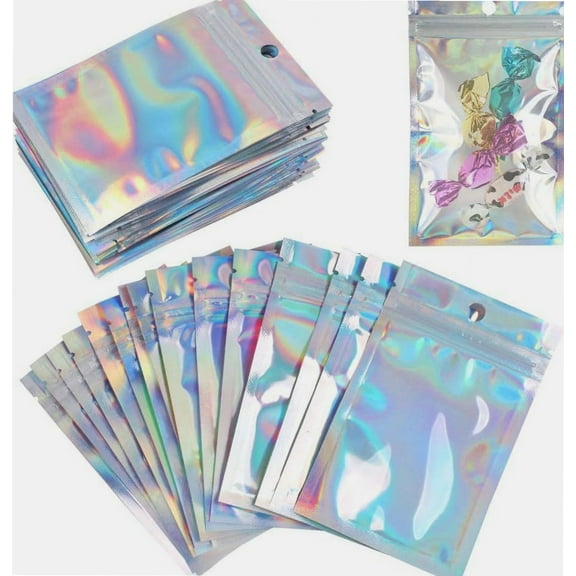 Foil Bags,100 pcs Sample Bags Holographic Packaging Bags Wax Melt Bags for Small Business Mylar Bags Reusable Ziplock Bags Used for Food Storage