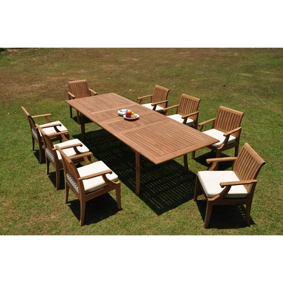 Grade-A Teak Dining Set: 8 Seater 9 Pc: 118" Double Extension Rectangle Table And 8 Lagos Arm Chairs Outdoor Patio WholesaleTeak #WMLGo