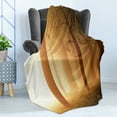thumbnail image 4 of Forest Soft Flannel Fleece Throw Blanket, Foggy Mist Hazy Jungle with Sun Beams and Rays Woodland Nature Design, Cozy Plush for Indoor and Outdoor Use, 50" x 70", Tan, by Ambesonne, 4 of 5